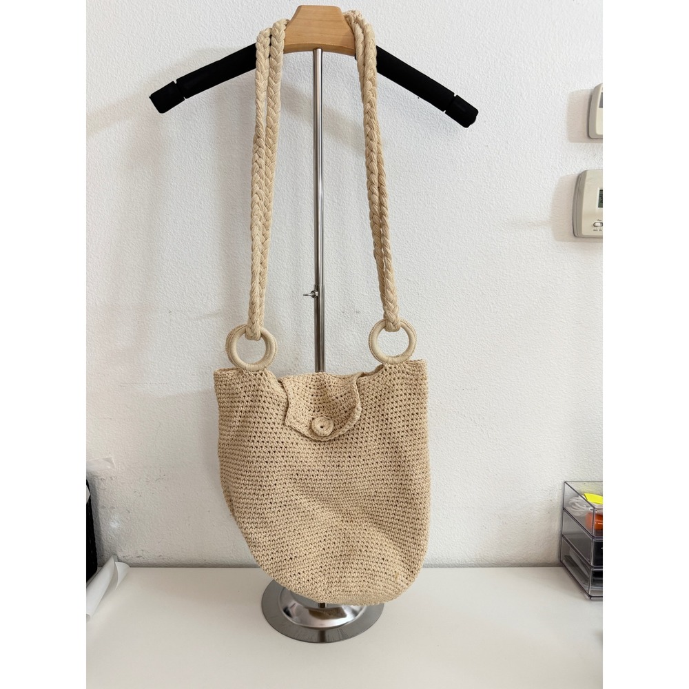 Boho Beige Crochet Shoulder Bag Braided Rope Strap Summer Beach Tote Neutral